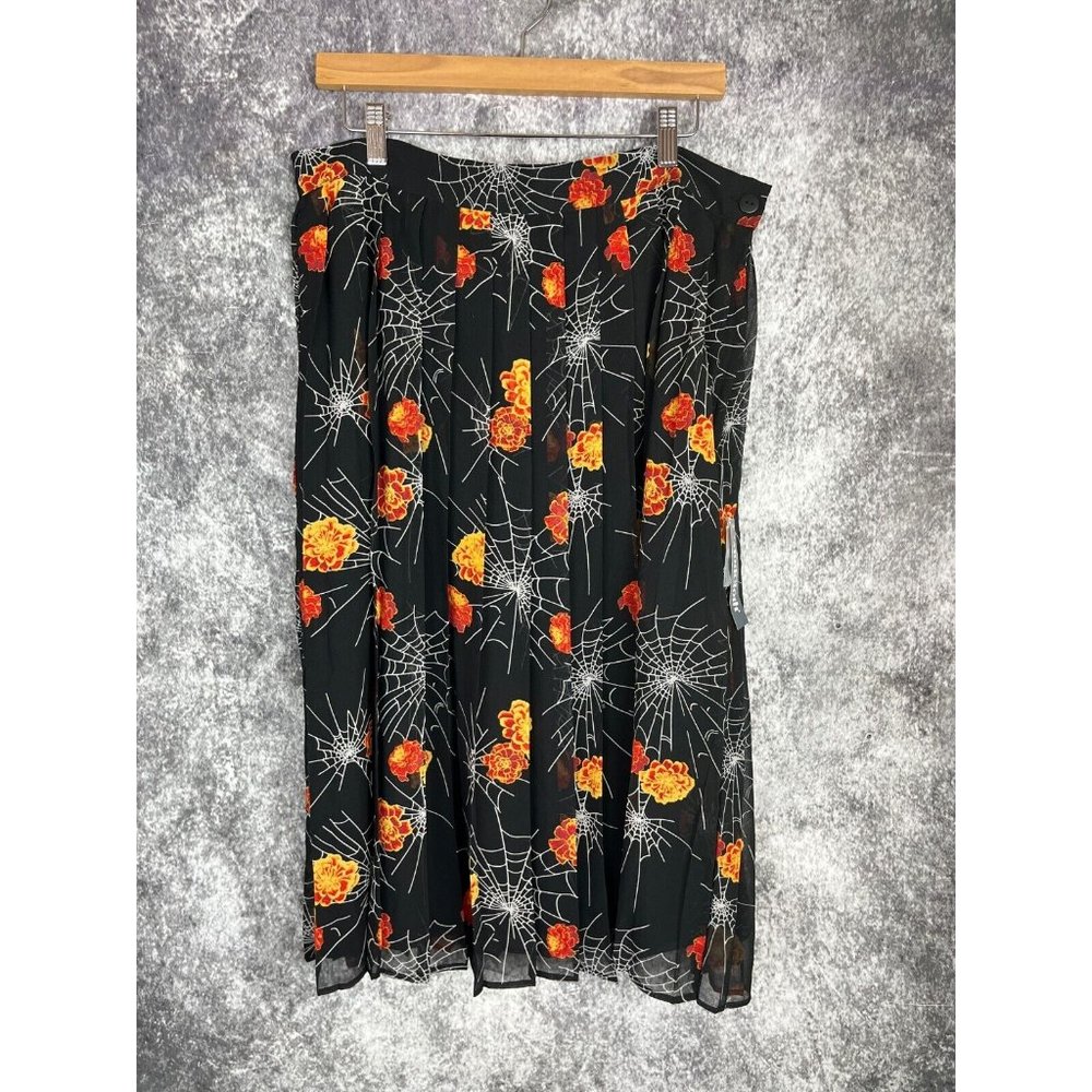 ModCloth Black Midi Skirt with Orange Floral & White Spiderweb Print